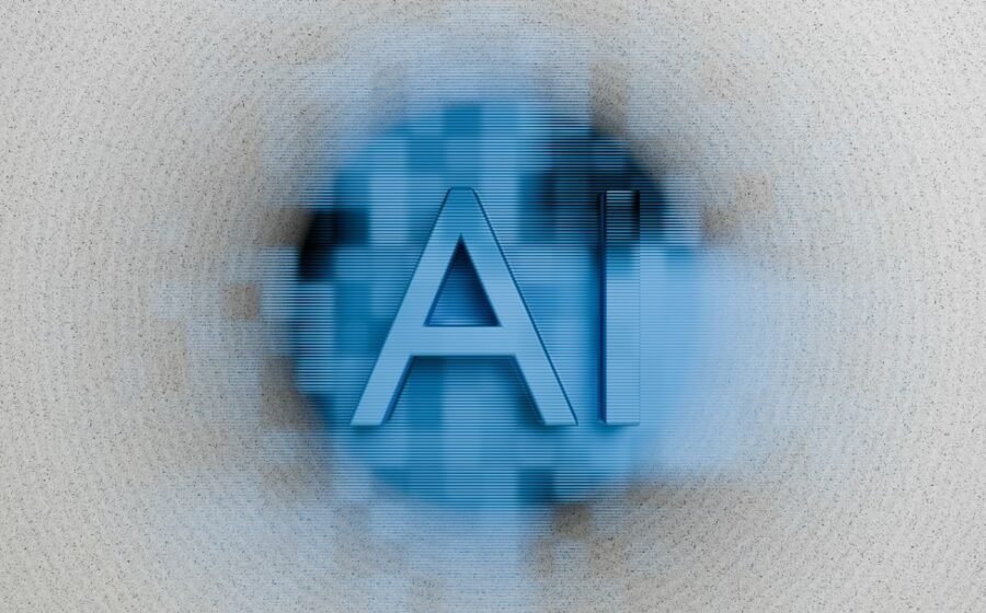 The letters AI glowing on a dark, out-of-focus technological background
