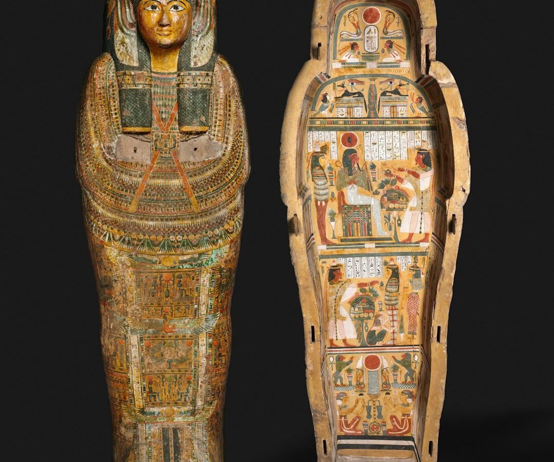 Ancient Egyptian painted coffin from the Cleveland Museum of Art, illustrative of Egyptian funerary traditions, not a vessel from Saqqara embalming workshop