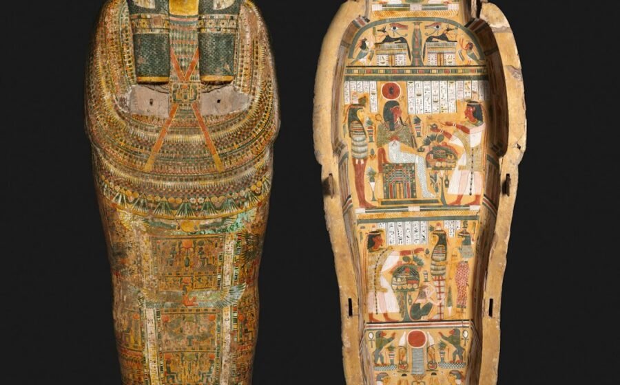 Ancient Egyptian painted coffin from the Cleveland Museum of Art, illustrative of Egyptian funerary traditions, not a vessel from Saqqara embalming workshop