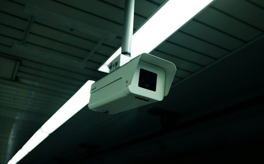 Surveillance camera symbolizing the intersection of government data systems, private technology, and institutional power