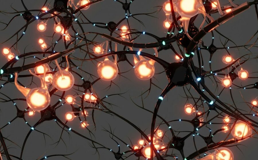 Abstract visualization of brain neurons representing organoid biocomputing