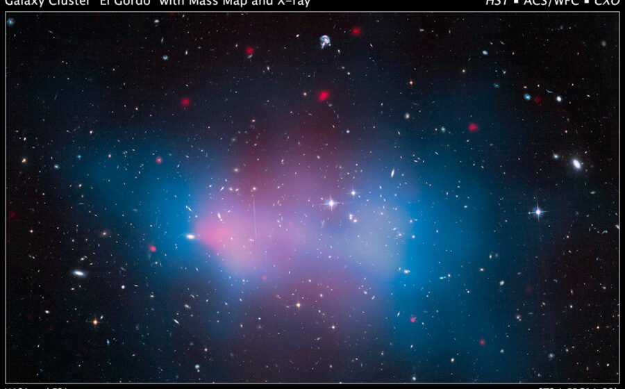 NASA Hubble and Chandra composite of El Gordo galaxy cluster showing overlays of inferred dark matter and gas