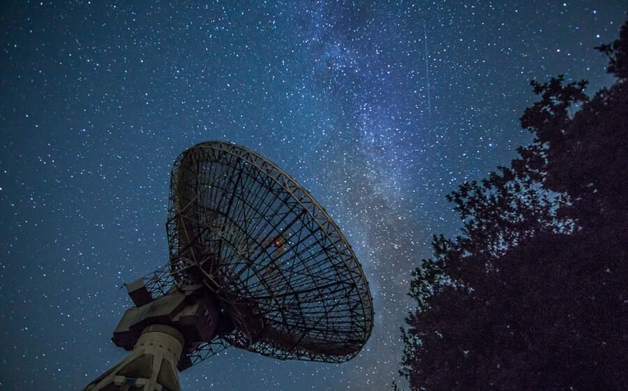 Large radio telescope dish used to observe signals from space, illustrative image