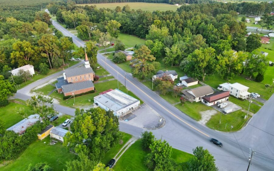 Aerial view of a North Carolina town, illustrative photograph not of Magnolia Cove