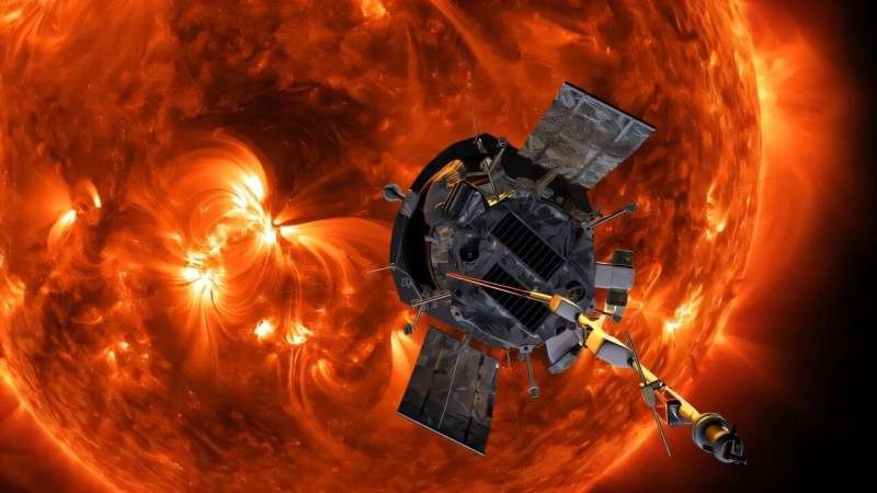Artist’s illustration of Parker Solar Probe near the Sun, not a photograph of the reported magnetic turbulence.