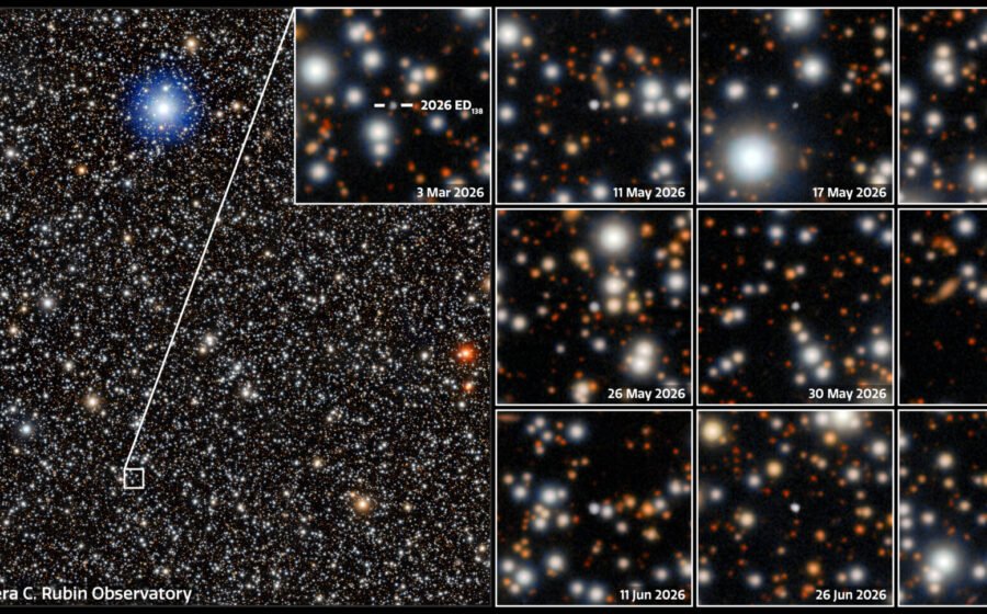 Mosaic of actual telescope images showing faint dwarf-planet candidate 2026 ED138; Rubin Observatory