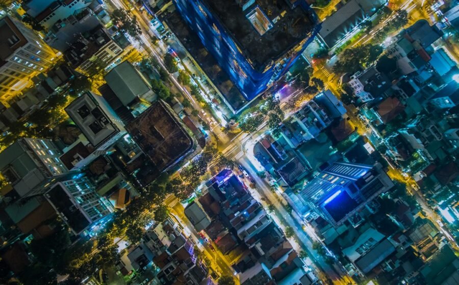 Aerial city landscape representing geolocation tracking and data brokers