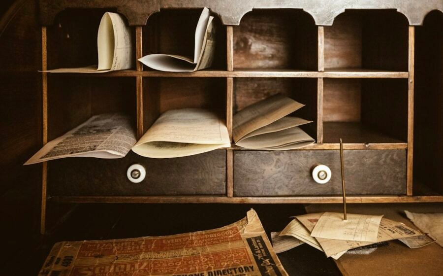 Vintage wooden desk illustrating historical intelligence files; not a photograph of STARGATE records